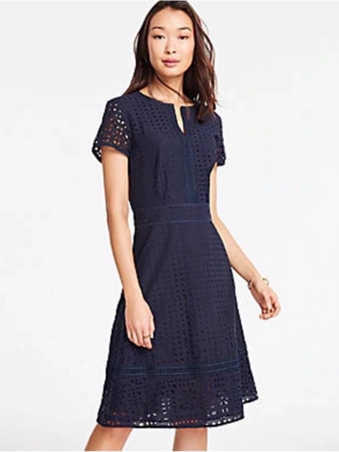 Ann Taylor Navy Blue Mixed Eyelet Flare Dress Size 0